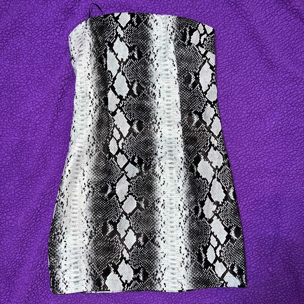 RENAMED FAUX SNAKESKIN LEATHER STRAPLESS DRESS